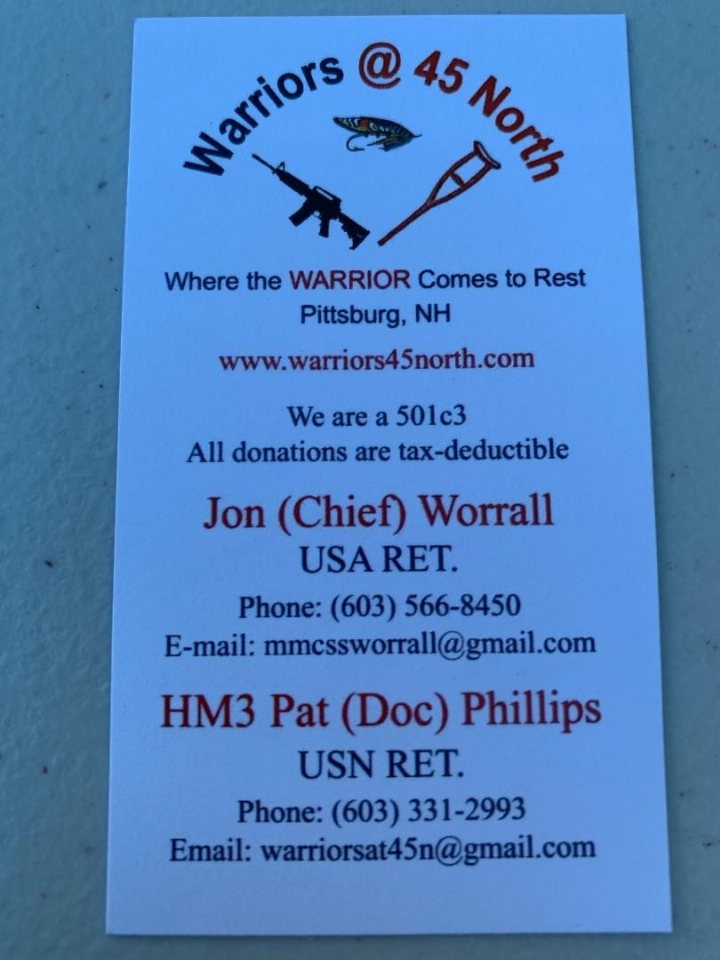 Chief Worrall is the principal POC for Warriors @ 45 North. Mission Statement: We provide care and rest through outdoor activities at NO cost for Active duty, Veterans, and anyone that has served in the Armed Forces, supervised by Veterans (a 501c2 approved charity)